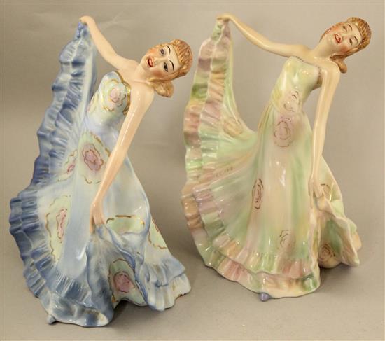 Two rare Wade Art Deco underglaze porcelain figures of Iris, c.1940, 17.5cm and 18cm